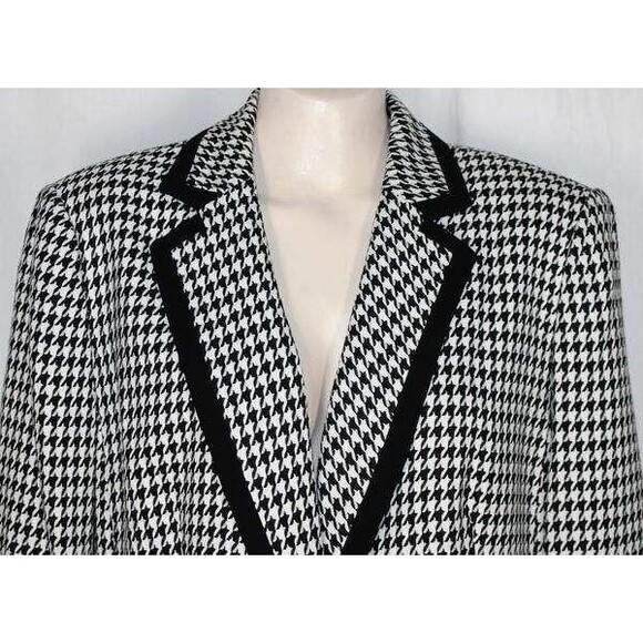 Kasper 16 L Black White Houndstooth Check Black Trim Pockets Blazer - Picture 2 of 6